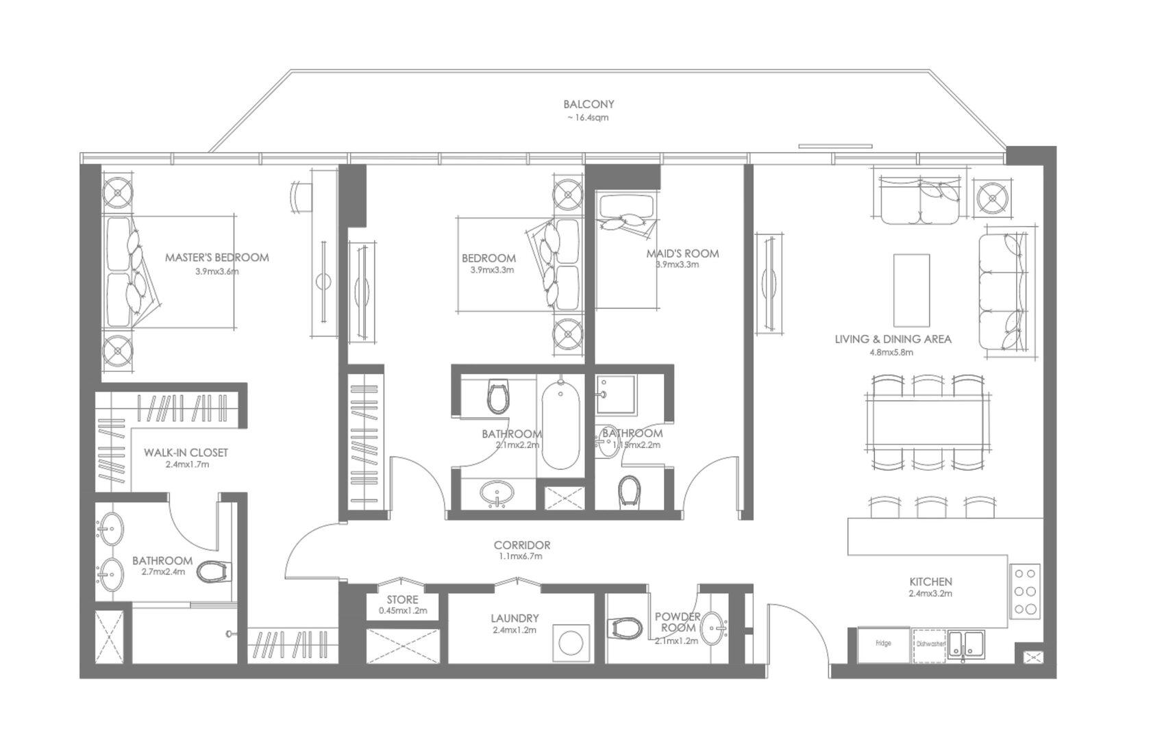 Louvre 2 Bed Apartment + Maid's Room Type B