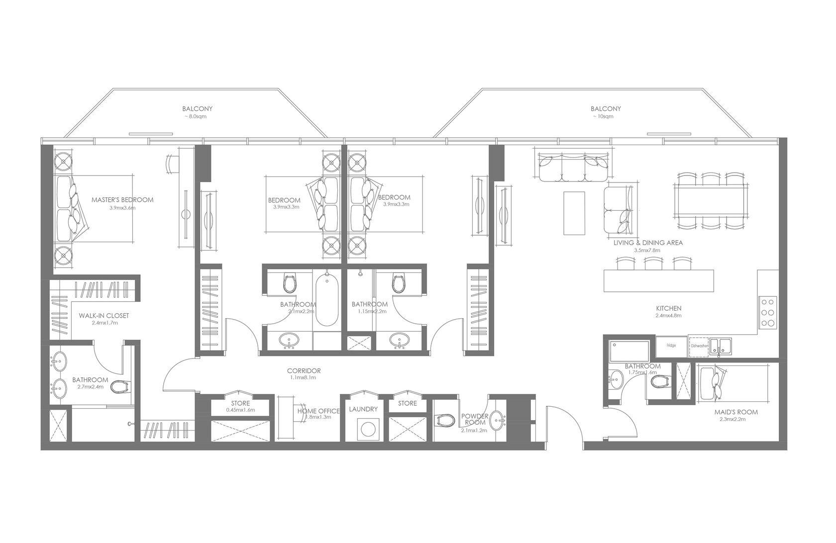 Louvre 3 Bed Apartment + Maid's Room Type A