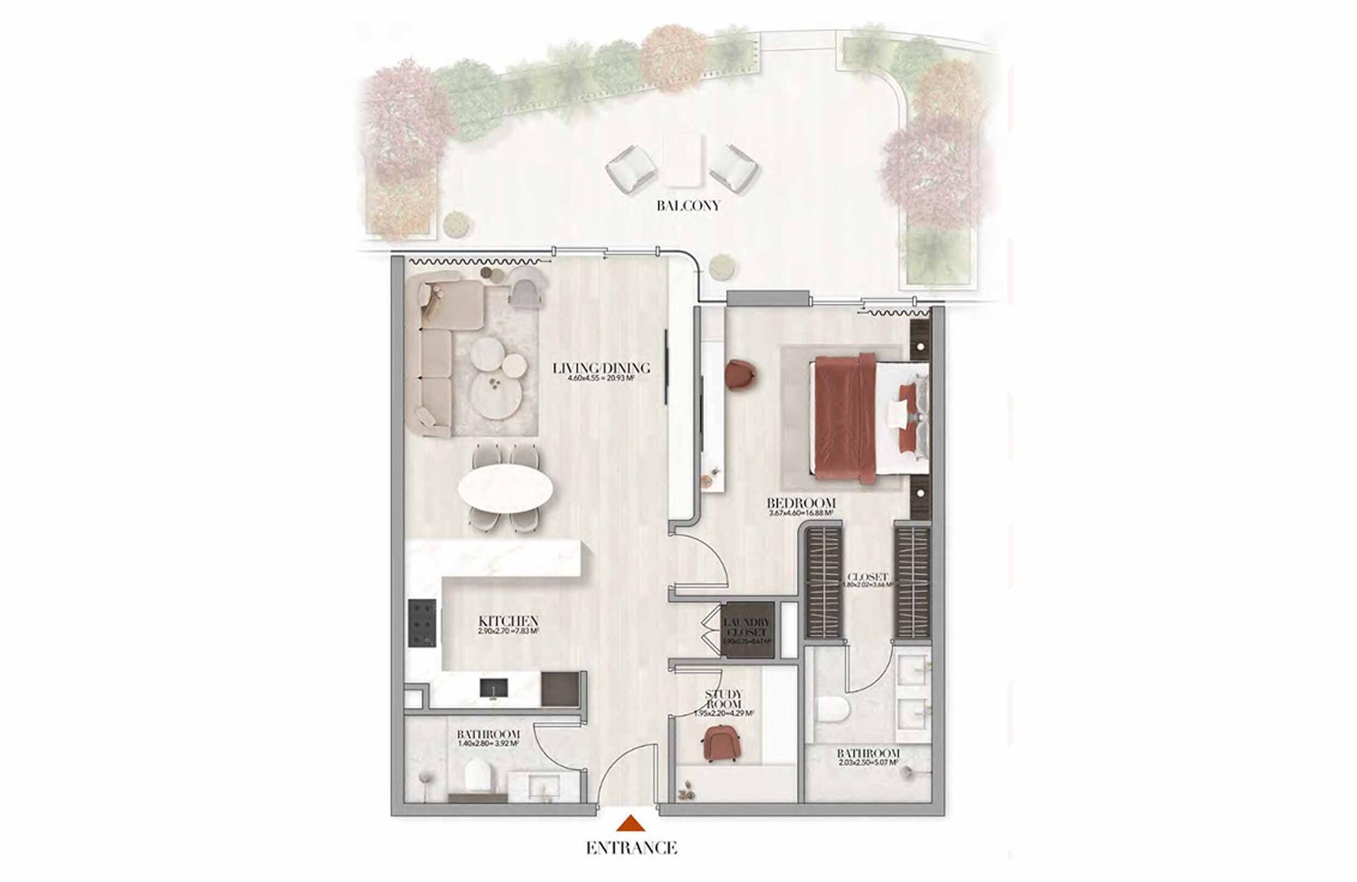 1.5 Bedroom with study Type 1